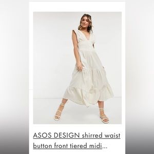 asos design shirred waist button front tiered midi dress - linen blend